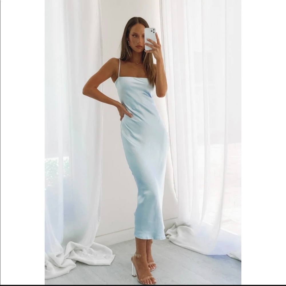 Amaryllis Baby Blue Light Satin Midi Slip Dress Low Back